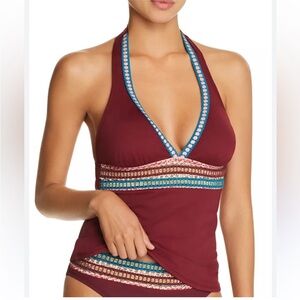 La Blanca Burgundy Halter Tankini with Vibrant Crochet Trim. NWT. Size 8